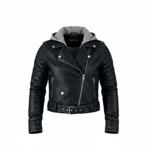 Member Only Black Leather Moto Jacket  Gray Hood Size S